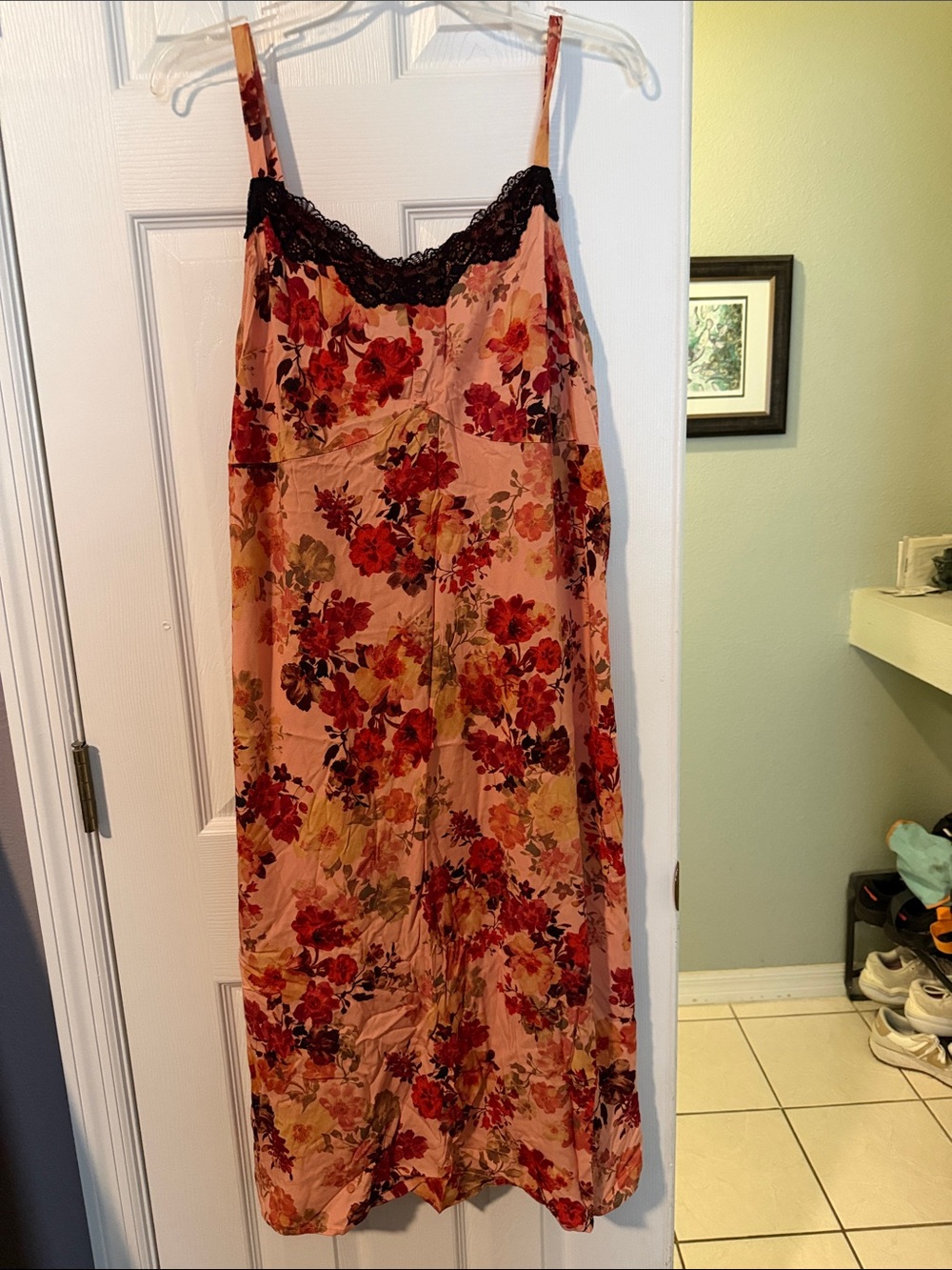torrid Peach Floral Midi Dress with Black Lace Trim